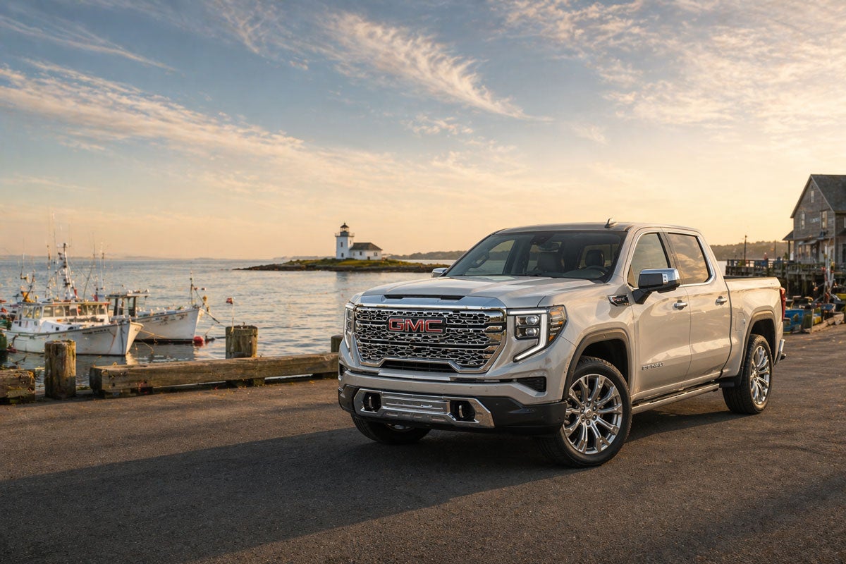 2026 GMC Sierra 1500 Denali at golden hour on the Maine coast in Biddeford